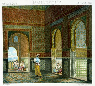 Maurilaisen talon sisustus (Alhambra, Siunauksen huone). Kromolitografinen levy - Racinetin "" Le costume historique" -kirjassa tekijältä Albert Charles August Racinet