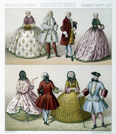Miehet ja naiset muodikkaissa 1700-luvun puvuissa Ranskassa. Kuvitus Racinet