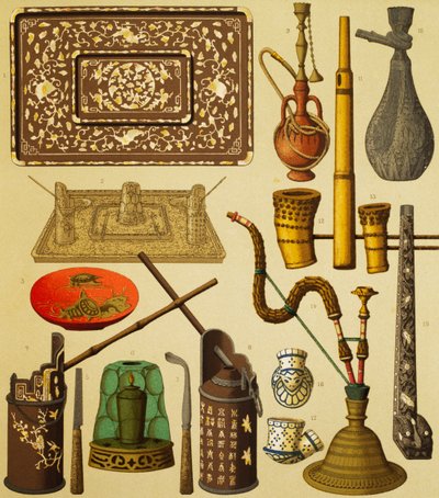 Piippu ja tupakoitsijoiden käyttämät esineet, Schmidtin litografia teoksesta The Complete Costume History, ensimmäinen osa, Auguste Racinet (1825-1893), Pariisi tekijältä Albert Charles August Racinet