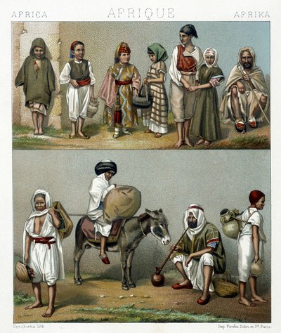 Suosittuja asuja Algeriasta ja Tunisiasta. Kuvitus Racinet