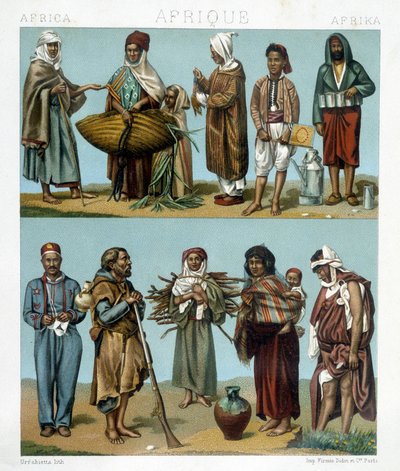 Afrikan suositut puvut. Kuvitus Racinetin teoksesta "Historiallinen puku". tekijältä Albert Charles August Racinet
