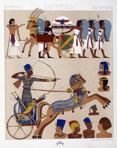 Muinaisen Egyptin freskojen jäljennös, mukaan lukien Ramses II hänen tankissaan - Racinetin "Historiallinen puku" tekijältä Albert Charles August Racinet