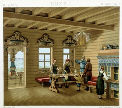Venäläinen perhe tyypillisessä asunnossa Venäjällä 1800-luvulla. Kromolitografinen levy - Racinetin "" Le costume historique" -kirjassa tekijältä Albert Charles August Racinet