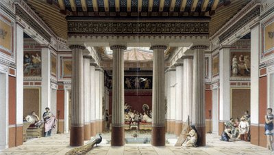 Kreikkalaisen antiikin talon atrium - "" Historiallinen puku" -kirjassa, kirjoittanut Racinet tekijältä Albert Charles August Racinet