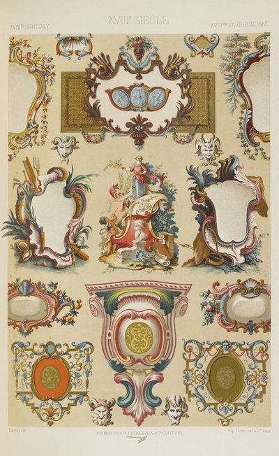 XVIII vuosisata, levy 93 teoksesta "Polychromatic Ornament: Sata lautasta kultaa, hopeaa ja värejä" tekijältä Albert Charles August Racinet
