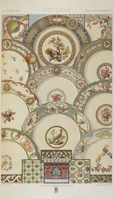 XVIII vuosisata, levy 98 teoksesta "Polychromatic Ornament: Sata lautasta kultaa, hopeaa ja värejä" tekijältä Albert Charles August Racinet