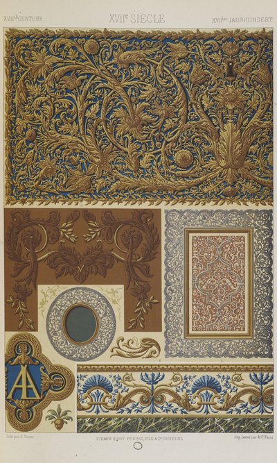 XVII vuosisata, levy 74 teoksesta "Polychromatic Ornament: Sata lautasta kultaa, hopeaa ja värejä" tekijältä Albert Charles August Racinet