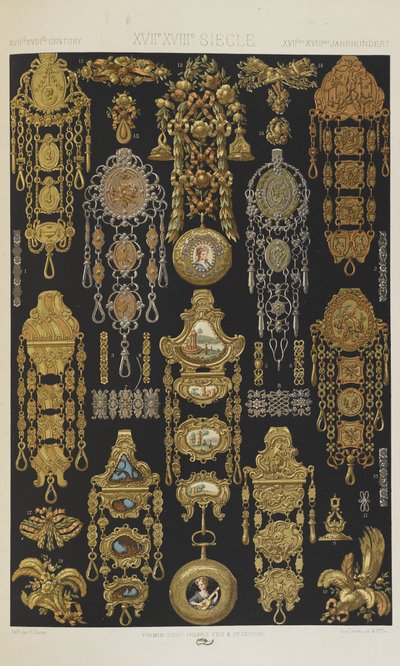 XVII ja XVIII vuosisadat, levy 94 teoksesta "Polychromatic Ornament: Sata lautasta kultaa, hopeaa ja värejä" tekijältä Albert Charles August Racinet