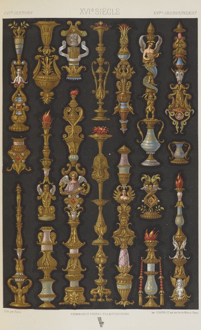 XVI vuosisata, levy 64 teoksesta "Polychromatic Ornament: Sata lautasta kultaa, hopeaa ja värejä" tekijältä Albert Charles August Racinet