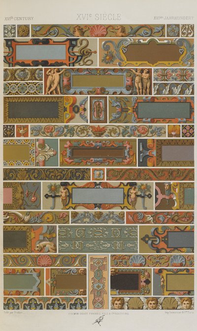 XVI vuosisata, levy 71 teoksesta Polychromatic Ornament: One Hundred Plates in Gold, Silver and Colours, 1873. tekijältä Albert Charles August Racinet