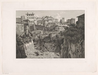 Näkymä Tivolille, Vestan temppeli kaukaisuudessa Situazione del Tempio di Vesta a Tivoli dirimpetto la Cascata (otsikko esineessä) Malaiji radirte Prospekte aus Italien (sarjan nimi) tekijältä Albert Christoph Dies