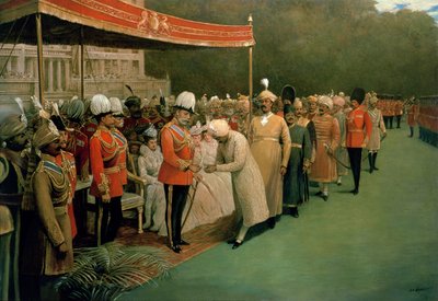 Edward VII vastaanottaa maharajahia ja arvohenkilöitä ennen kruunaustaan tekijältä Albert E. Harris