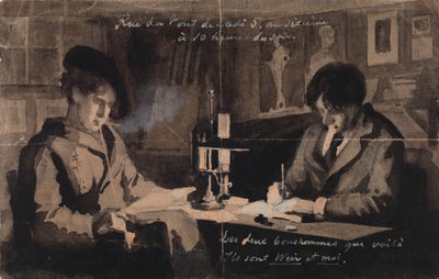 Julien Alden Weir ja Albert Edelfelt ateljeessaan osoitteessa Rue du Pont de Lodi 5, Pariisi tekijältä Albert Edelfelt