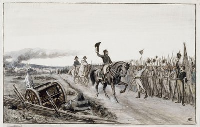 Von Döbeln tervehtii joukkojaan runosta ”Numero viisitoista Stolt” (alkuperäinen piirros teokseen ”Aliluutnantti Stålin tarinat”) tekijältä Albert Edelfelt
