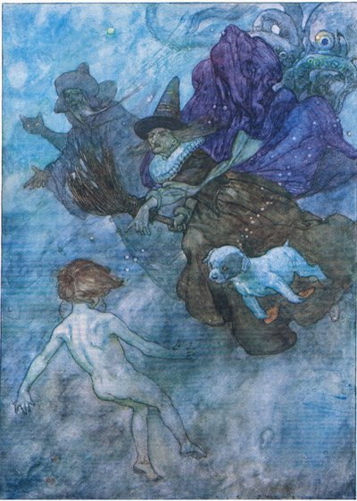 Kaikki hölmöivät ja huutavat hänelle "katsokaa eteenpäin, katsokaa vain eteenpäin", The Water Babies -pubista. Humphrey Milford Oxford University Press, n. 1930 (väri litho) tekijältä Albert Edward Jackson