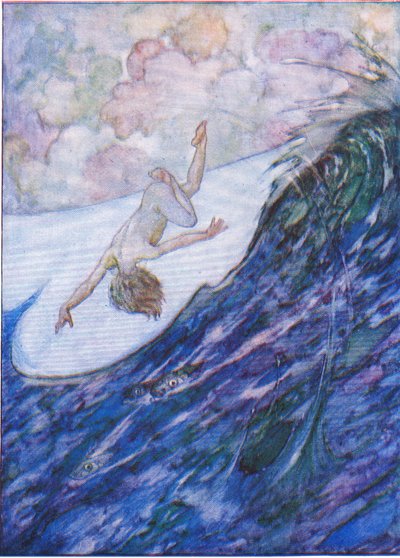 Hän antoi kolme alusta vedestä, jaardin korkeita, ja pään yli, The Water Babies -pubista. Humphrey Milford Oxford University Press, n. 1930 (väri litho) tekijältä Albert Edward Jackson