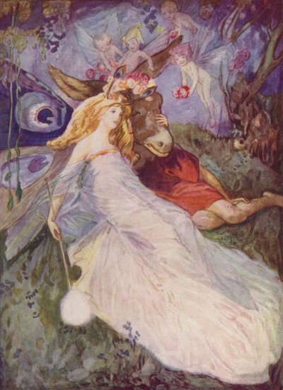 Shakespeare: Bottom and the Fairy Queen, Kesäyön unelma, IV näytös, I kohtaus (värilitho) tekijältä Albert Edward Jackson