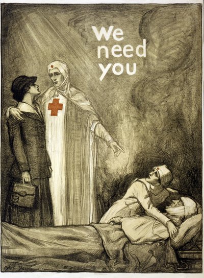 Punaisen Ristin rekrytointijuliste, "We Need You", pubi. 1918 (väri litho) tekijältä Albert Edward Sterner