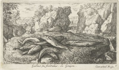 Gobit joen rannalla Gabius siue fundulus. Le Goujon. (otsikko esineessä) Kalat ja muut meren eläimet - makean veden toinen sarja (sarjan nimi) Seconde partie de Poissons d