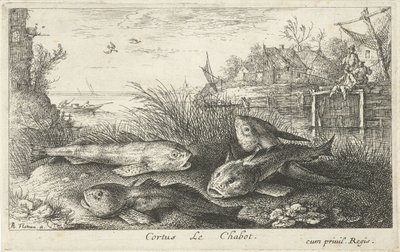 Neljä pentua joen rannalla Cortus LeChabot. (otsikko esineessä) Kalat ja muut meren eläimet - makean veden toinen sarja (sarjan nimi) Seconde partie de Poissons d