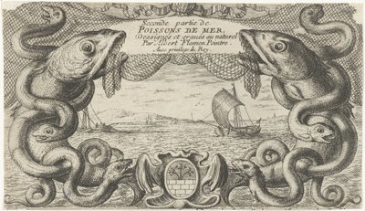 Merimaisema merieläinten ja kalaverkon reunalla Kalat ja muut meren eläimet - suolaisen veden toinen sarja (sarjan nimi) Poissons de mer (sarjan nimi esineellä) tekijältä Albert Flamen