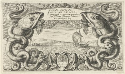 Merimaisema merieläinten ja kalaverkon reunalla Kalat ja muut meren eläimet - suolaisen veden toinen sarja (sarjan nimi) Poissons de mer (sarjan nimi esineellä) tekijältä Albert Flamen