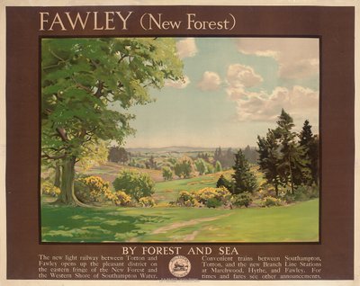 Fawley (New Forest), juliste, joka mainostaa eteläistä rautatietä (väri litho) tekijältä Albert George Petherbridge