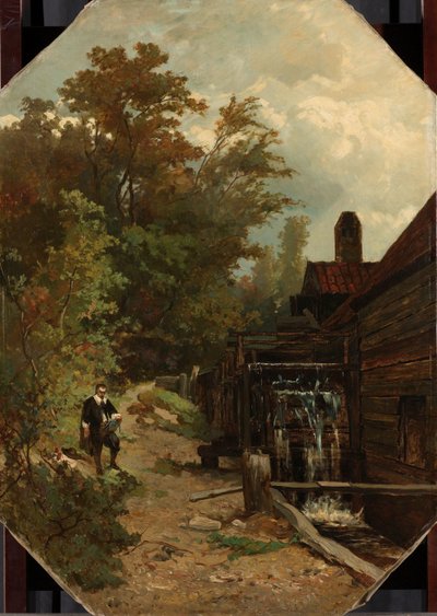 Jacob van Ruisdael luonnostelee vesimyllyä tekijältä Albert Gerard Bilders