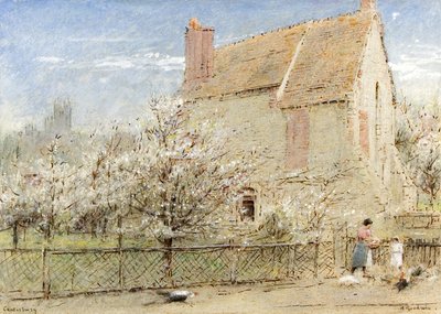 Canterbury "Stone Walls not a Prison Make", n. 1920 (akvarelli, vartaloväri, kynä ja muste paperille) tekijältä Albert Goodwin