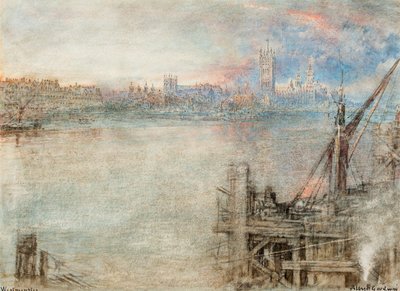 Westminster ja parlamenttitalo auringonlaskun aikaan (kynä  musta muste  akvarelli, raaputettu paperille). tekijältä Albert Goodwin