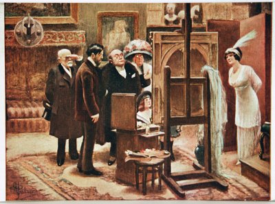 Taide. Kuvataide. Taidemaalari esittelee luomuksiaan. Postikortti, Alfred Guillaume, Ranska, n. 1920 (postikortti) tekijältä Albert Guillaume