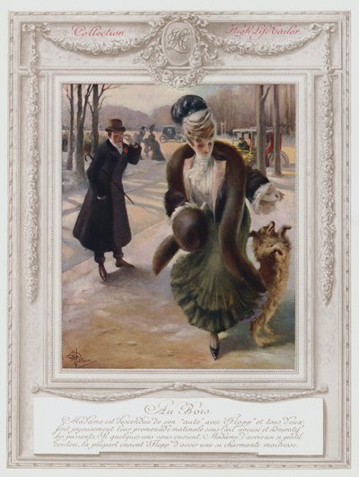 Belle Epoque Paris, muodikas nainen Bois de Boulognessa (värilitho) tekijältä Albert Guillaume