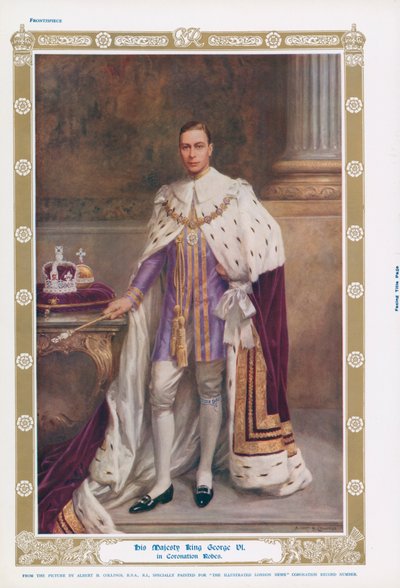 Kuningas Yrjö VI kruunausvaatteissaan (väri litho) tekijältä Albert Henry (after) Collings