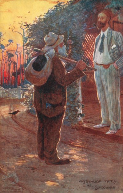 Australialaiset tyypit: Auringonlaskija (värilitro): The Sundowner (värilitro). tekijältä Albert Henry Fullwood