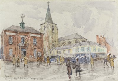 Oisemont, 3. divisioonan päämaja, 1918 (wc ja guassi hiilellä paperilla) tekijältä Albert Henry Fullwood