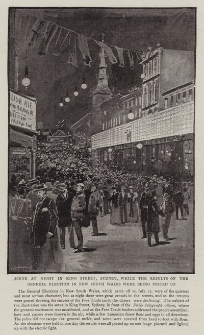 Sce at Night King Street, Sydney, kun Uuden Etelä-Walesin parlamenttivaalien tuloksia julkaistiin tekijältä Albert Henry Fullwood