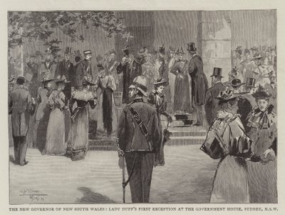 Uuden Etelä-Walesin uusi kuvernööri, Lady Duffin ensimmäinen vastaanotto hallituksen talossa, Sydney, Uusi Etelä-Wales tekijältä Albert Henry Fullwood