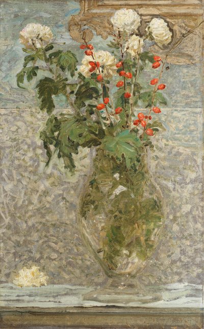 Valkoiset krysanteemit ja punaiset marjat (öljy kankaalle) tekijältä Albert Joseph Moore