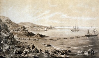 ensimmäisen transatlanttisen lennätinkaapelin asennus Irlannin ja Kanadan välillä (1857) Albert Krugerin kaiverrus n. 1870 tekijältä Albert Kruger