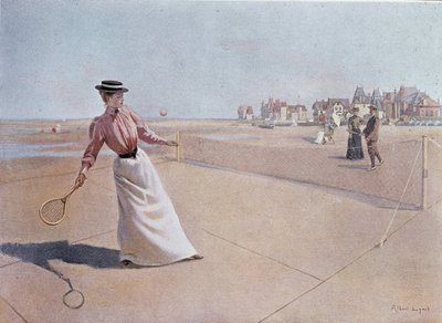 Amatööritennisottelu rannalla – Lynchin piirustus, 1900-luku tekijältä Albert Lynch