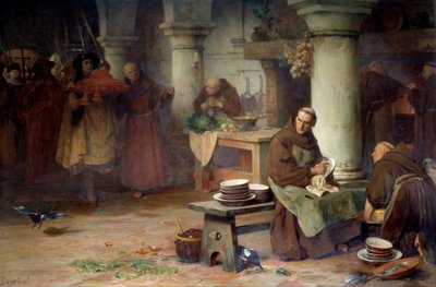 Saint Bonaventure (San Bonaventura) (1217-1274) saa violetin kardinaalin Vatikaanin korkea virkamies tuo kardinaalin baarin munkkiin, joka toimii luostarissa. Albert Pierre Dawantin (1852-1923) maalaus 1897 su. 1,4x tekijältä Albert Pierre Dawant