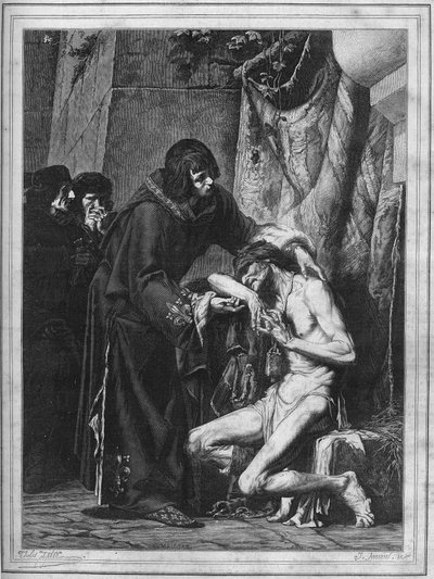 Ludvig IX lohduttaa spitaalista: Ranskan kuningas Saint Louis (1214-1270) ja sairas ihminen spitaalin puhkeamisen aikana. Kaiverrus vuodelta 1878 Albert Maignanin (1845-1908) maalauksesta. tekijältä Albert Pierre René (after) Maignan