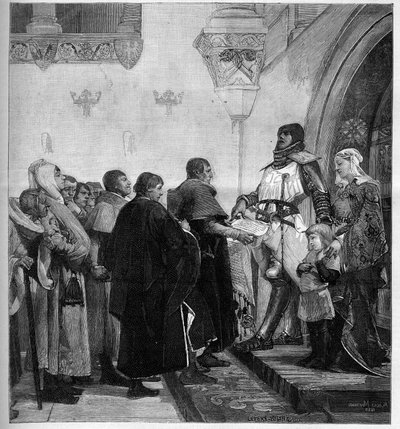 Burgundin Renaud antaa Belfortin asukkaille postimaksun. Renaud de Bourgogne (kuoli vuonna 1321) vapautti Belfortin kaupungin vuonna 1307 ja tarvitsi rahaa käydäkseen sotaa Pyhän Imperiumin keisaria Rodolphe I:tä vastaan. tekijältä Albert Pierre Rene Maignan
