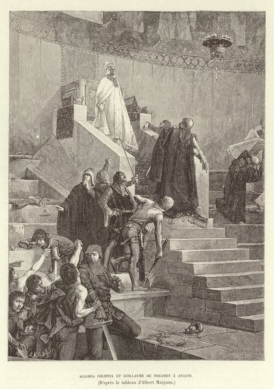 Sciarra Colonna ja Guillaume de Nogaret Anagnissa. Sciarra Colonna ja Guillaume de Nogaret kohtaavat paavi Bonifatius VIII:n Anagnissa, Italiassa tekijältä Albert Pierre Rene Maignan