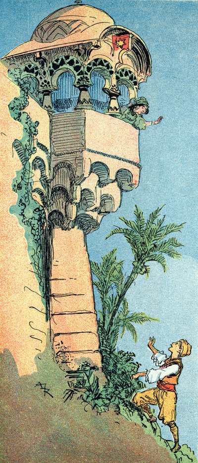 Aladin löytää palatsinsa ja vaimonsa Albert Robidan (1848-1926) kuvitus tarinaan "Aladin ja ihana lamppu" teoksessa "" les mille et une nuits"" julkaisussa "Tuhannen yhden yön kirja tai" Arabian yöt ” tekijältä Albert Robida