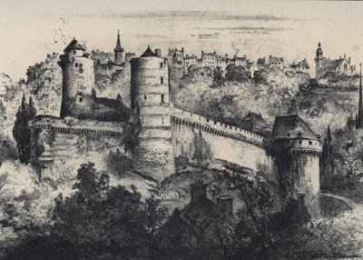 Chateau de Fougeres - linnan linnake Ille-et-Vilainen departementissa. Vanha Ranska - Bretagne - tekstiä, piirustuksia ja litografioita, Albert Robida (1848-1926) päivätty 1800-luvun loppu tekijältä Albert Robida
