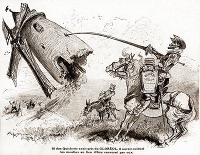 Don Quijote linnoittavan Globeolin mainoksesta, noin 1916 (kuva) tekijältä Albert Robida
