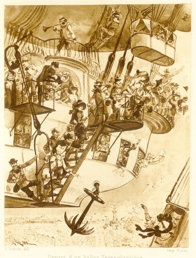 Transatlanttisen ilmapallon lähtö Le Vingtieme Sieclen pubista. 1883 litografia, 1883. tekijältä Albert Robida