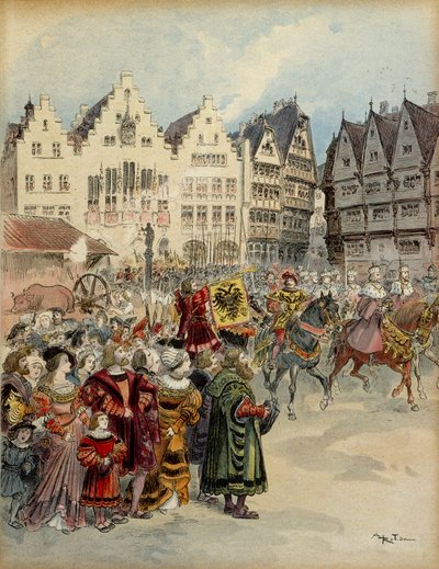 Kaarle V (1500-1558) valittiin Saksan keisariksi 28. kesäkuuta 1519. Seitsemän valitsijakorteesia kulkee Frankfurtin (Saksa) katuja pitkin. Kuva tekijältä Albert Robida