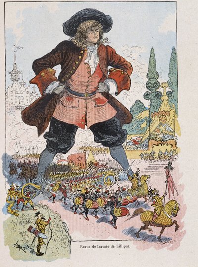 Gulliver Lilliput Arm Reviewissa - Swiftin "" Gulliver Voyages" -kirjassa, ill. kirjoittanut Robida tekijältä Albert Robida